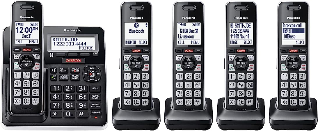 Panasonic Cordless Phone with Advanced Call Block, Link2Cell Bluetooth, One-Ring Scam Alert, and 2-Way Recording with Answering Machine, 5 Handsets - KX-TGF975B (Black with Silver Trim)