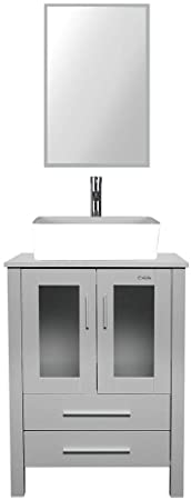 eclife 24” Bathroom Vanity Sink Combo Grey Cabinet 19” White Rectangle Ceramic Vessel Sink & 1.5 GPM Chrome Water Save Faucet & Pop Up Drain (Rectangle Ceramic Sink T03B02GY)