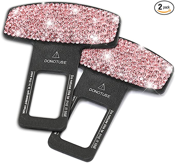 Bling Car Seat Belt Clips, 2 Pack Crystal Rhinestone Alarm Stoppers for Car Seat Belt Buckles, Universal Auto Metal Car Interior Accessories (Pink)