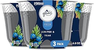 Glade Candle Juniper & Teak, Fresh Collection, Fragrance Candle Infused with Essential Oils, Air Freshener Candle, 3-Wick Candle, 6.8 Oz, 3 Count