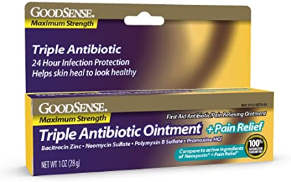 GoodSense Maximum Strength Triple Antibiotic Ointment Plus Pain Relief, Soothes Painful Cuts, Scrapes, and Burns, While Preventing Infection, 1 Ounce