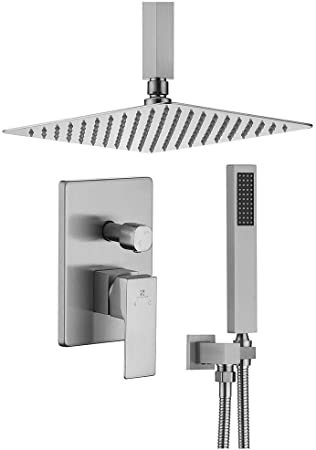 HOMELODY Ceiling Shower Head System, Brushed Nickel Shower Faucet Rough-in Valve Body with Rain Shower Head and Handheld Shower Head Combo