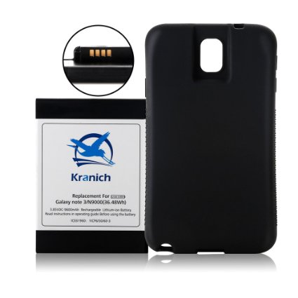 Kranich for Samsung Galaxy Note 3 III N9000 Extended Battery 9600mAh Replacement Full NFC Support with Black Protection Cover Case Note 3