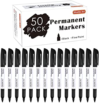 Permanent Markers,Shuttle Art 50 Pack Black Permanent Marker set,Fine Point, Works on Plastic,Wood,Stone,Metal and Glass for Doodling, Marking