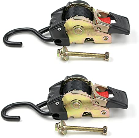 2 Quick n Easy AutoRetract Strap Cargo Tie Downs | Retractable 1" x 6' Bolt-on Ratchet Straps w/S Hook for Trailers & Pickups
