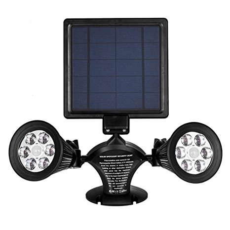 Vinus Solar Powered Lights PIR Motion Sensor Dual Head Spotlight Adjustable Waterproof 12 LED Wall Light for Deck Yard Garden Driveway - Auto On/Off