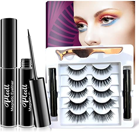 Magnetic Eyelashes and Eyeliner Kit,5 Styles Natural & Dramatic Makeup Waterproof Magnetic Lashes with 2 Magnetic Eyeliner