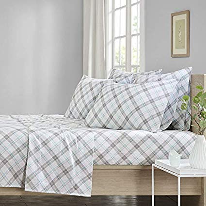 Bed Sheets Set King - Grey and Aqua Plaid Design 6 Piece 100% Cotton Flannel Printed Sheet Bedding Set - Includes 1 Flat Sheet, 1 Fitted Sheet, and 4 Pillowcases