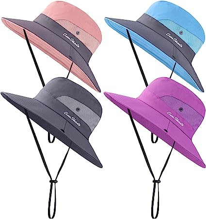 Cooraby 4 Pack Women Summer Sun Hat Ponytail Hole Cap Wide Brim Hat Beach Cap for Hiking and Fishing