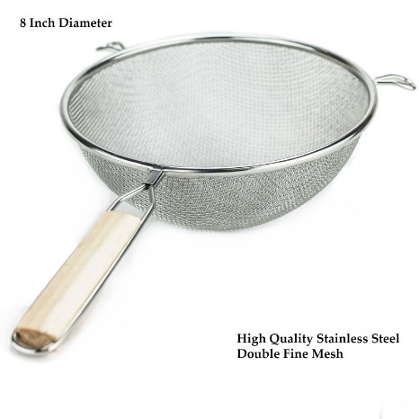 Huji Stainless Steel Fine 8 Double Mesh Strainer Colander Sieve Sifter with Wooden Handle for Kitchen Food Rice Pasta 1 8