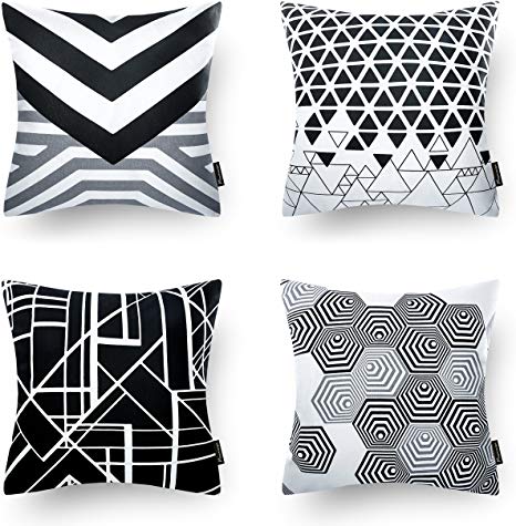 Phantoscope Set of 4 Black Geometric 100% Cotton Throw Pillow Case Cushion Cover 18 x 18 inches 45 x 4cm