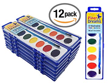 12 Pack - Piper Dreams Watercolor Paint Set - Each Tray Includes 8 Vibrant Colors, a Brush and a Closable Lid for Kids on The Go