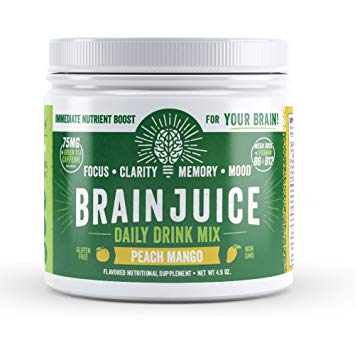 BrainJuice Brain Booster, Memory Focus Drink- Green Tea Extract, Alpha GPC Brain Support Supplement for Energy, Focus, Clarity, Memory & Mood (Peach Mango, 30 Servings)