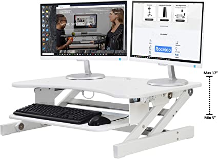Rocelco 37.5” Deluxe Height Adjustable Standing Desk Converter | Quick Sit Stand Up Dual Monitor Riser | Gas Spring Assist Computer Workstation | Large Retractable Keyboard Tray | White (R DADRW)