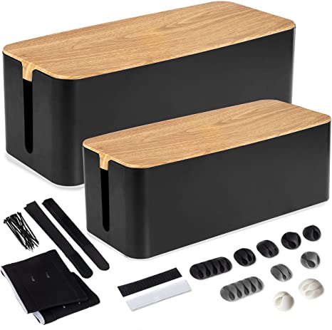 Cable Management Box 2 Pack - Cord Organizer for Wires, Power Strips - with Cable Sleeve, Hook and Loop Strap, Zip Ties, Clips - Black Plastic, Wood Top