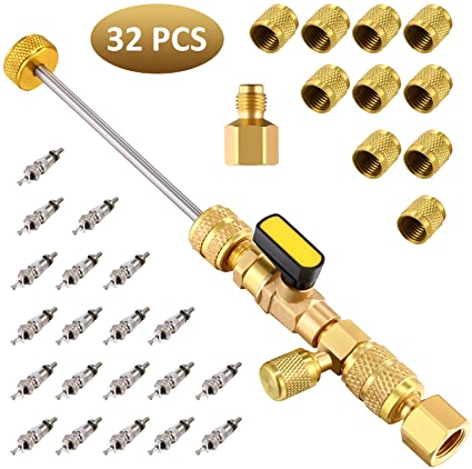 Mudder R22 R134A R12 A/C Valve Core Remover with Dual Size SAE 1/4 & 5/16 Port, R410 R32 Brass Adapter, 20 Pieces Valve Cores and 10 Pieces Brass Nut HVAC Valve Core Removal Installer Tool Kit