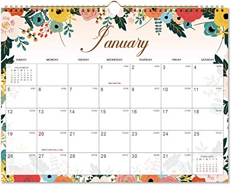 Calendar 2020 - Monthly Wall Calendar with Thick Paper, 15" x 11.5", Twin-Wire Binding   Hanging Hook   Unlined Blocks with Julian Dates - Mint Floral