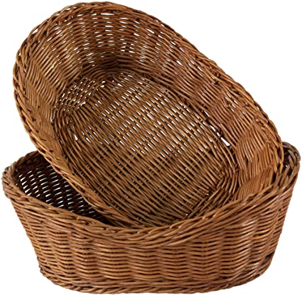 Wicker Woven Serving Baskets for Bread Fruit Vegetables Snacks | Rustic Handmade Restaurant Dining Tabletop Serving Display Decoration Organizer Basket (Curved Oval 28X19 cm 2 Pack)