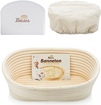 10 inch Oval Banneton Proofing Basket - Set for Professional & Home Bakers w/ Bowl Scraper & Brotform Cloth Liner