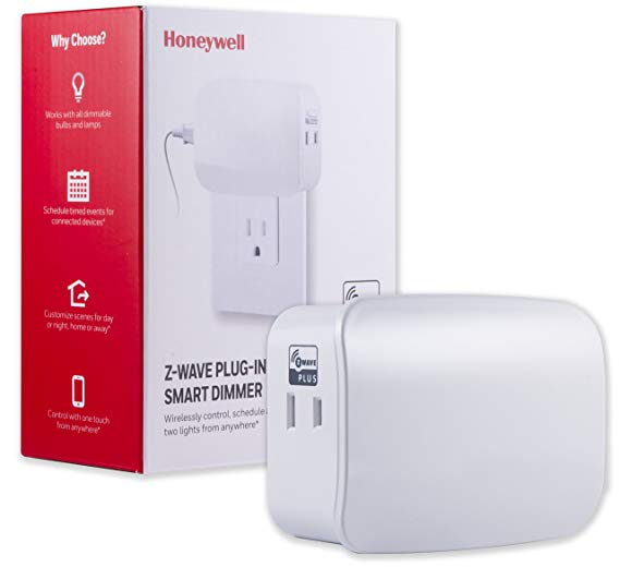 Honeywell Z-Wave Plus Smart Light Dimmer Switch, Dual Outlet Plug-In, 2 Controlled Together | Built-In Repeater Range Extender | ZWave Hub Required - SmartThings, Wink, and Alexa Compatible, 39339