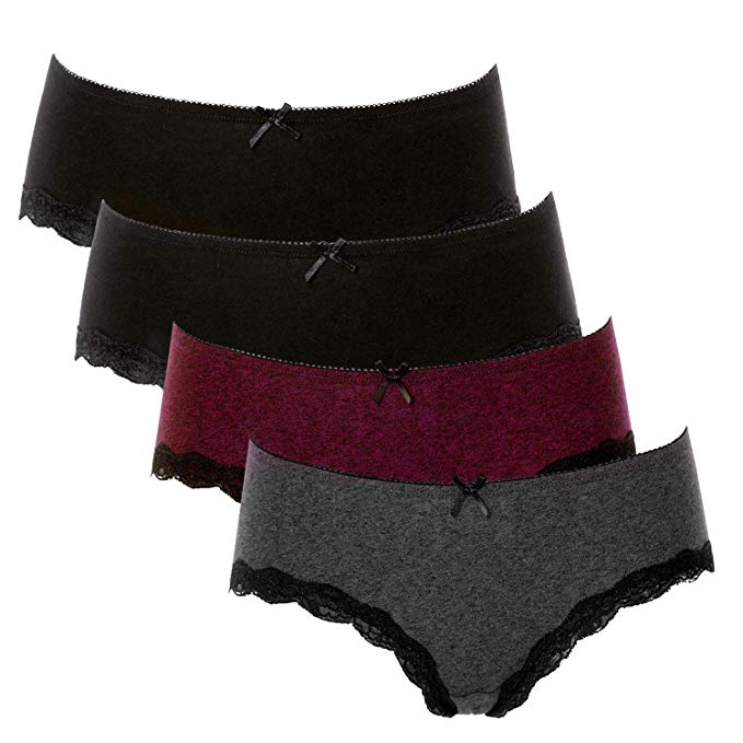 ATTRACO Women's Cotton Brief Panties Soft Underwear Lace Trim Hipster 4 Pack