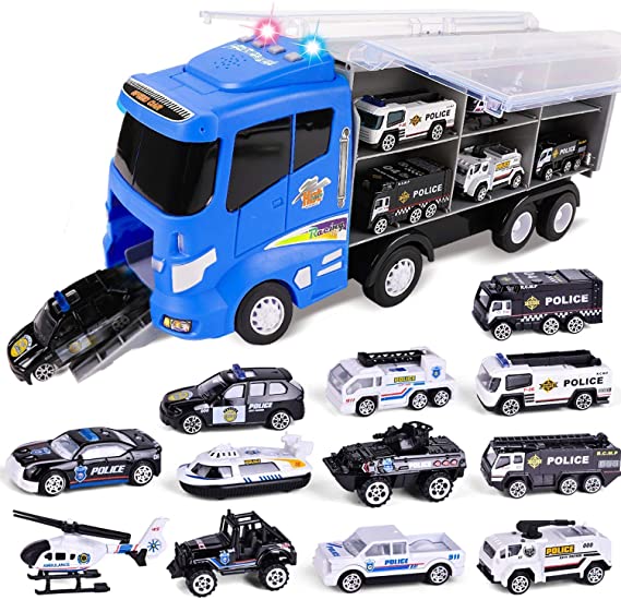 FunLittleToy 12 in 1 Die-cast Police Car Toy, Police Vehicles Truck Toy Set in Carrier Truck, Police Car for Kids Birthday