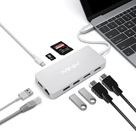 MINIX USB-C Hub Multiport Adapter with Dual HDMI output, 4K adapter, 3 USB 3.0 ports, Gigabit Ethernet port,USB-C Charging Port, Micro SD/SD card readers for Apple MacBook/MacBook Pro. (Silver)