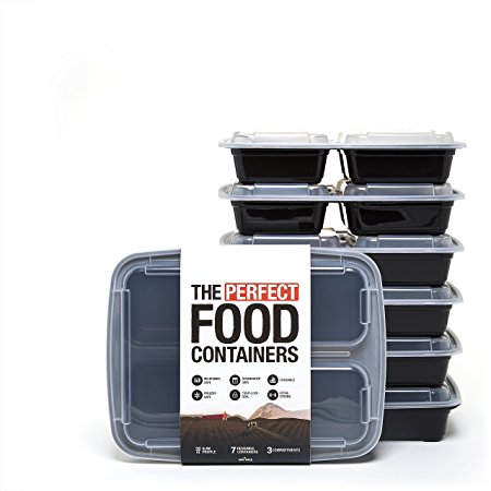 Food Grade Meal Prep Containers - BPA-Free - Lock-Tight Seal - Microwave & Freezer Safe - 7 Pack, 28oz - (3-Compartments)