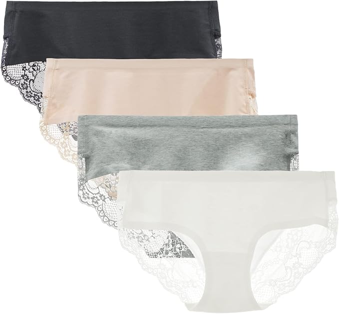 Women's 4 Pack Cotton Lace Coverage Seamless Brief Panty Underwear