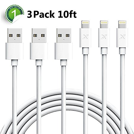 iPhone Charger, Xcords Lightning Cable 3Pack 10FT USB Charging Cable Cord for iPhone X 8 8 Plus 7 7 Plus 6 6s 6 Plus 6s Plus iPhone SE 5 5s 5c iPad iPod and More - White