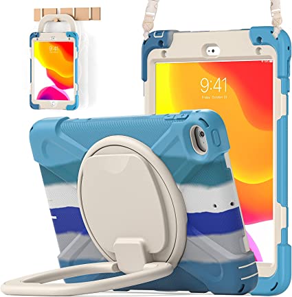 BATYUE iPad Mini 5 Case,iPad Mini 4 Case, Heavy Shockproof Drop Case with Pencil Holder, 360° Swivel Stand, Shoulder Strap;Cover for iPad Mini 5th/4th Generation 7.9 Inch;for Kids(Colourful Blue)