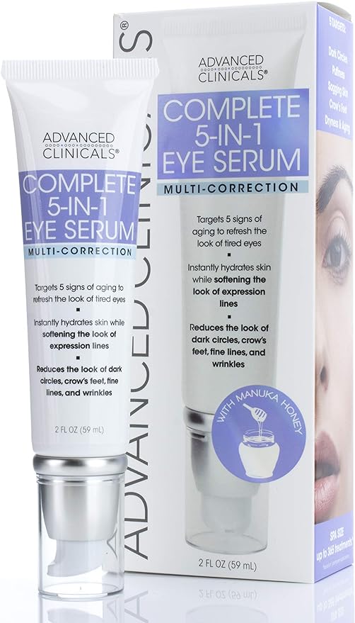 Advanced Clinicals 5-in-1 Multi Correction Anti-Aging Eye Serum with Retinol Collagen Vitamin C and Manuka Honey. For dark circles wrinkles crow's feet fine lines. Large 2oz airless tube.