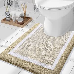 OLANLY Luxury Toilet Rugs U-Shaped 24x20, Extra Soft and Absorbent Microfiber Bathroom Rugs, Non-Slip Plush Toilet Bath Mat, Machine Wash Dry, Contour Bath Rugs for Toilet Base (Beige and White)