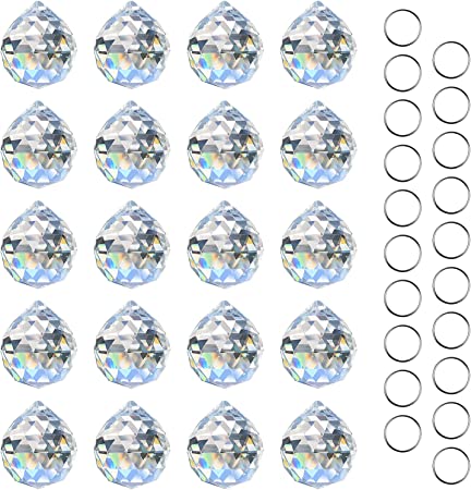 MerryNine Clear Crystal Ball Prism with 20 Pcs Metal Rings Sun Shine Catcher Rainbow Pendants Maker, Hanging Crystals Prisms for Windows, for Feng Shui, for Gift (30mm/1.18" 20pack)