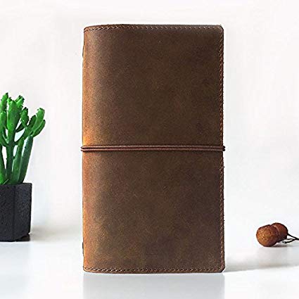 Leather Journal Writing Notebook, Handmade refillable Travelers Notebook Journals with 3 Types Paper(4.3” 6.9” Dark Brown)