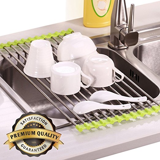 Roll-Up Dish Drying Rack Mats Stainless Steel Drain Board Foldable Easy to Storage(Green)