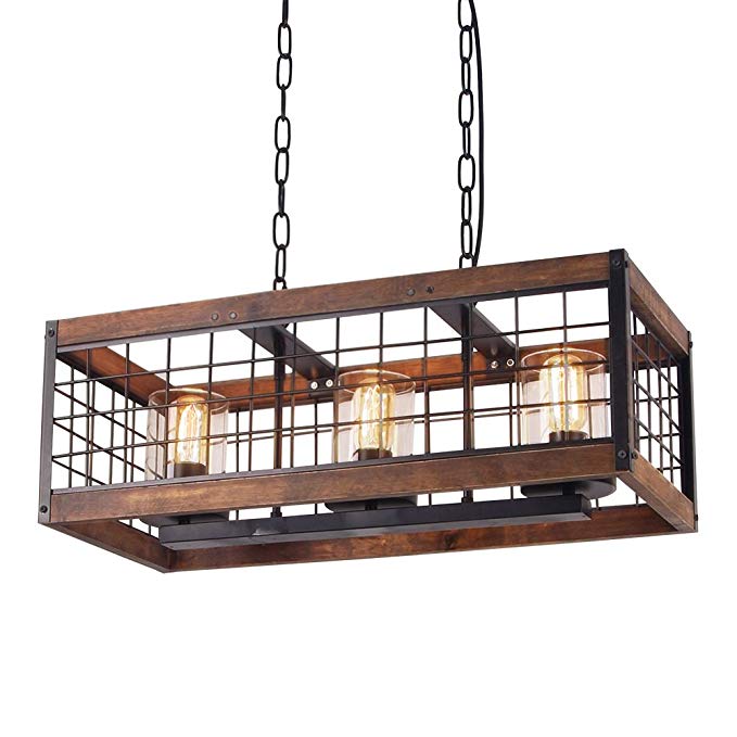 Anmytek Square Metal and Wood Chandelier Basked Pendant Three Lights Oil Black Finishing Iron Net Lamp Shade Retro Vintage Industrial Rustic Ceiling Lamp Caged Light
