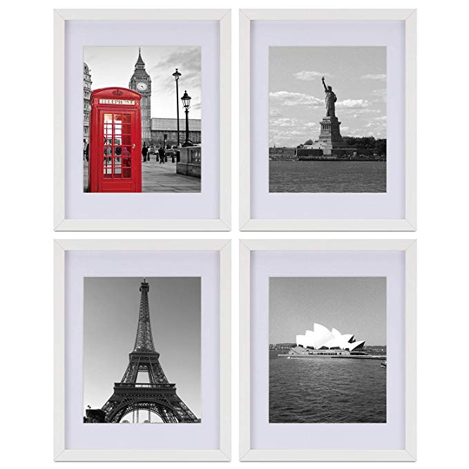 ONE WALL Tempered Glass 11x14 Picture Frame Set of 4 with Mats for 8x10, 5x7 Photo, White Wood Frame for Wall and Tabletop - Mounting Material Included