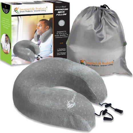 **SALE** Neck Pillow for Travel & Home - Luxurious Premium Memory Foam for Perfect Support - Best for Air, Car, Train & Sleeping, Reading, Working - Soft Jacquard Fabric   Cinch Sack (Soft Pearl Gray)