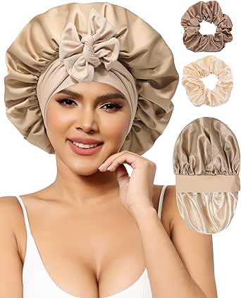 Satin Bonnet Silk Bonnet for Sleeping Women Hair Bonnet for Curly Hair Sleep Cap Reversible Double Layer Bonnet with Tie Band