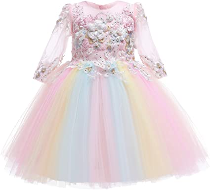 Weileenice 2-14T Girls Flower Dress Lace Rainbow Tulle 3D Embroidery Beading Princess Pageant Christmas Party Dresses
