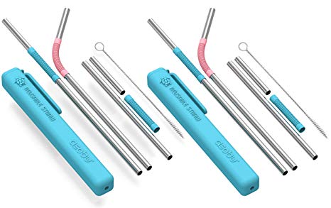 Asobu Reusable Metal and Silicone Straw with Cleaning Brush and Case (Blue pink 2)