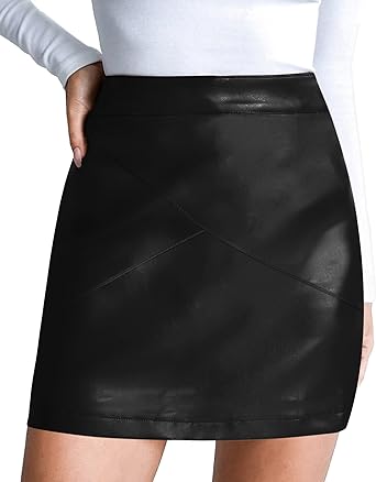 MANGOPOP Women Basic High Waisted Mini Short Pencil Bodycon Faux Leather Skirt