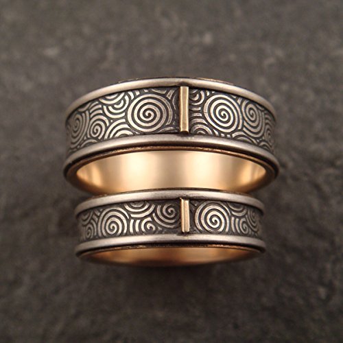 Spiral Swirls Wedding Band Set with 14k Gold Lining - Rings Handmade in Seattle