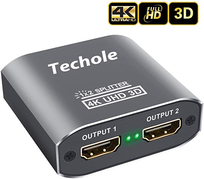 HDMI Splitter 1 in 2 Out - Techole 4K Aluminum Ver1.4 HDCP, Powered HDMI Splitter Supports 3D 4K@30HZ Full HD1080P for Xbox PS4 PS3 Fire Stick Roku Blu-Ray Player Apple TV HDTV - Cable Included, Grey