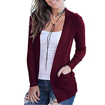VOIANLIMO Women's Open Front Casual Long Sleeve Knit Classic Sweaters Cardigan with Pockets