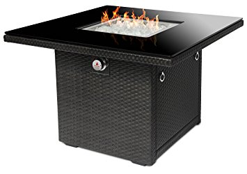 Outland Fire Table, Aluminum Frame Propane Fire Pit Table with Black Tempered Glass Tabletop Resin Wicker Panels & Arctic Ice Glass Rocks, Auto-ignition (Espresso Brown/Square)