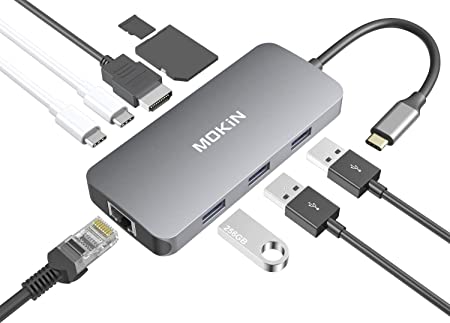 USB C to HDMI Adapter for MacBook Pro 2019/2018/2017, MacBook Air 2018, MOKiN 9 in 1 Hub 4K USB C to HDMI, 3 USB 3.0 Ports, 100W USB C Power Delivery Charging SD/TF Card Reader