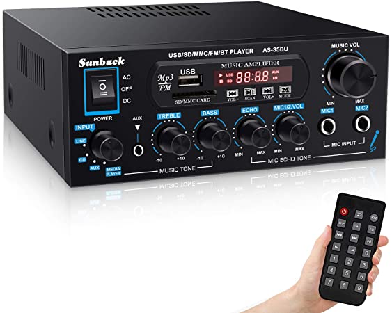 Wireless Bluetooth Audio Amplifiers, Sunbuck 200W Power Home Stereo Amplifier Receiver, with USB, SD Card, FM Radio, Remote Control, Dual Channel Sound, for Theater Entertainment Studio Use(AS-35BU)