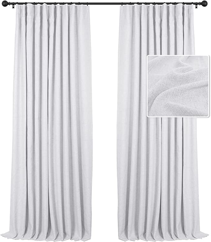 INOVADAY 100% Blackout Curtains 63 Inches Long 2 Panels Set Linen Blackout Curtains Textured Thermal Insulated Black Out Curtain Drapes for Bedroom Living Room - White, W50 x L63